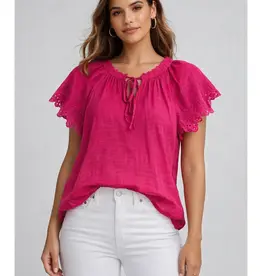 Peasant Tie Neck Top With Lace Detail on Sleeves