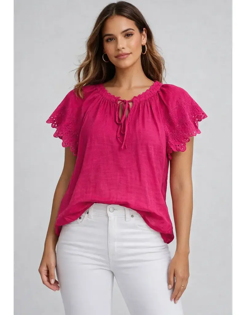 Peasant Tie Neck Top With Lace Detail on Sleeves