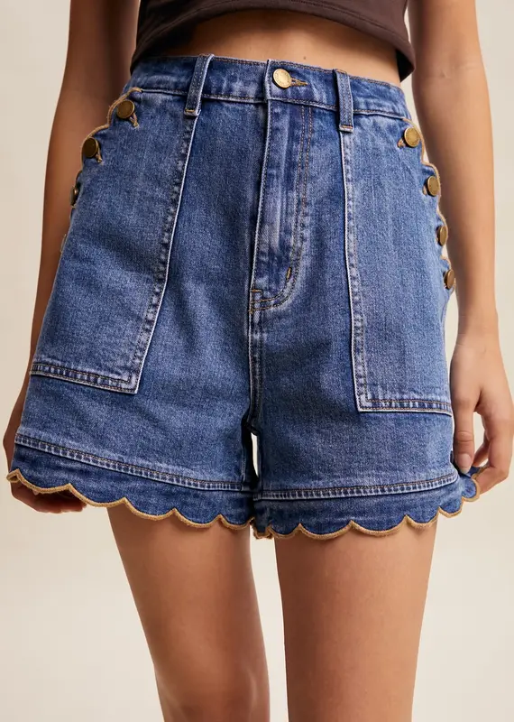 Samantha Scallop Button-Side Stretch Denim Shorts