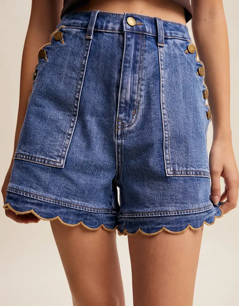 Samantha Scallop Button-Side Stretch Denim Shorts