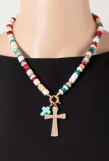 Angie Acrylic Disc Beaded Double Cross Pendant Necklace