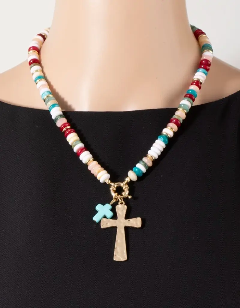 Angie Acrylic Disc Beaded Double Cross Pendant Necklace