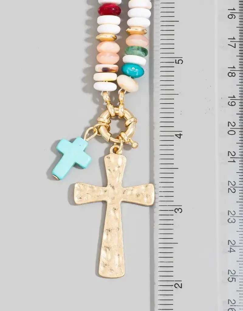 Angie Acrylic Disc Beaded Double Cross Pendant Necklace
