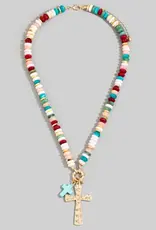 Angie Acrylic Disc Beaded Double Cross Pendant Necklace