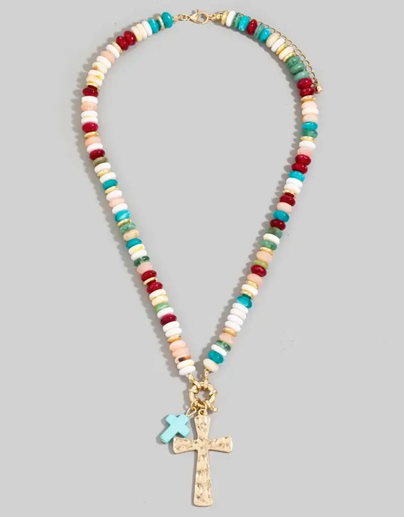 Angie Acrylic Disc Beaded Double Cross Pendant Necklace