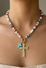Angie Acrylic Disc Beaded Double Cross Pendant Necklace