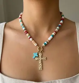 Angie Acrylic Disc Beaded Double Cross Pendant Necklace