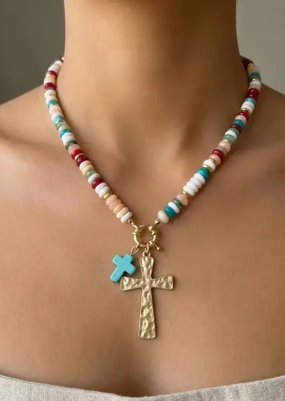 Angie Acrylic Disc Beaded Double Cross Pendant Necklace