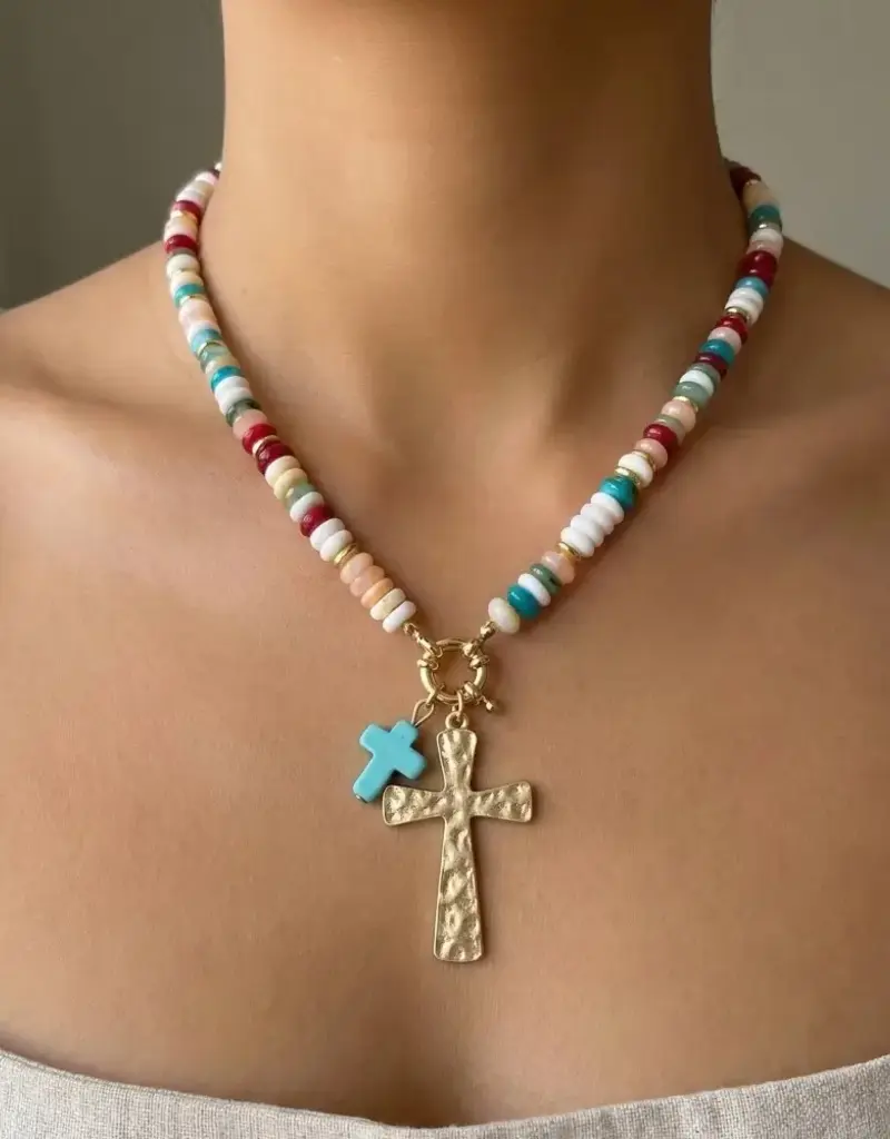Angie Acrylic Disc Beaded Double Cross Pendant Necklace
