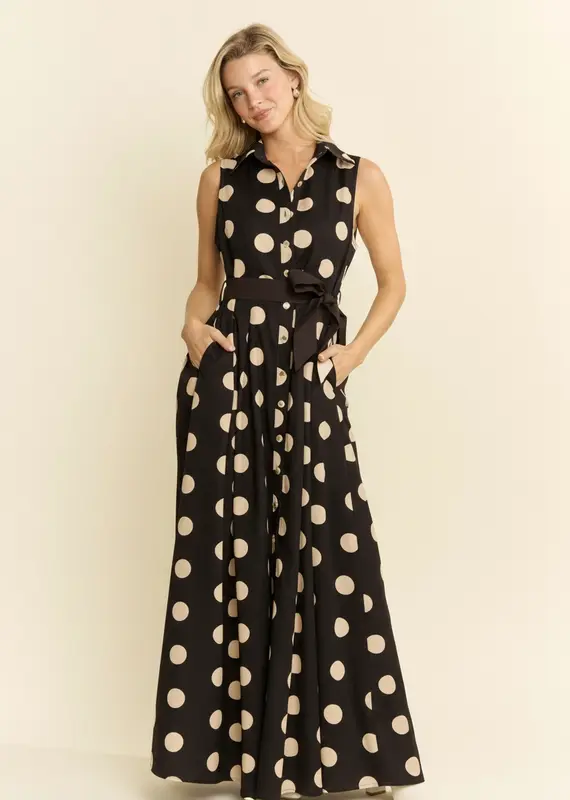 Polka DotBelted Sleeveless Shirt Dress