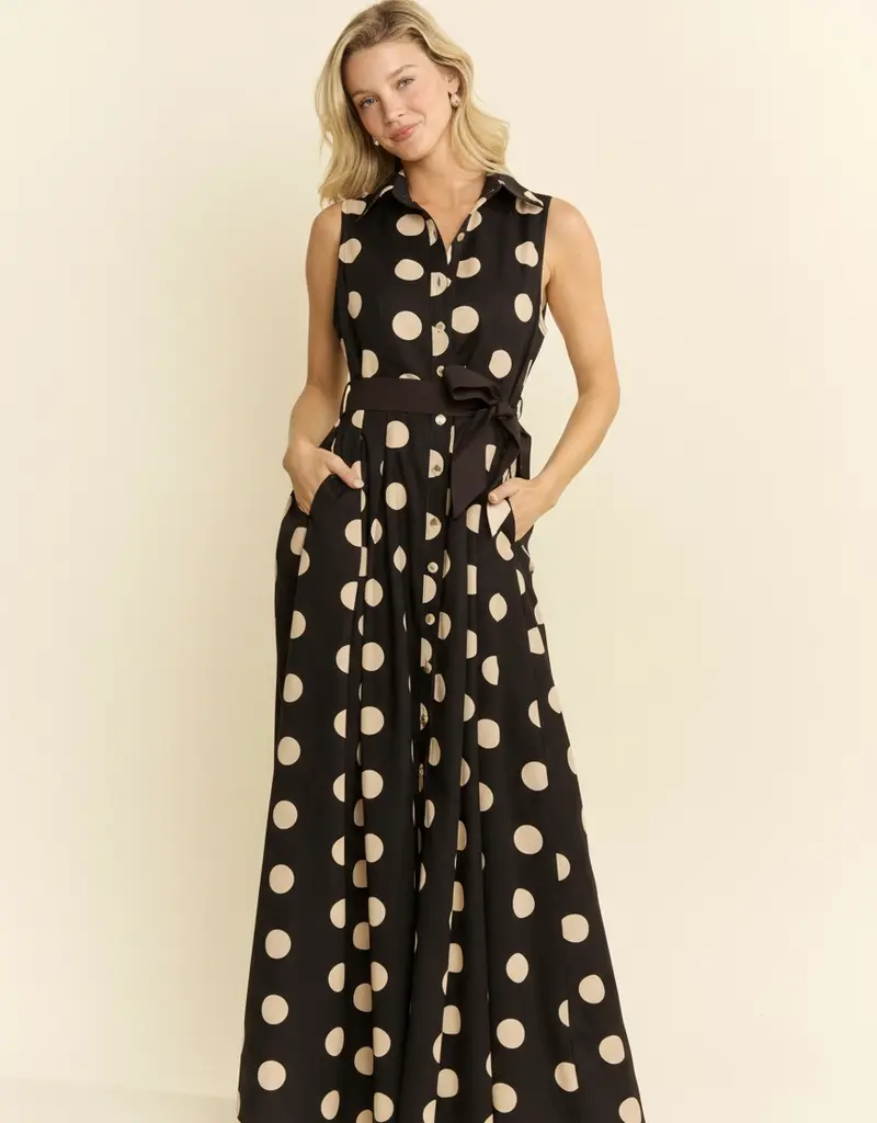 Polka DotBelted Sleeveless Shirt Dress