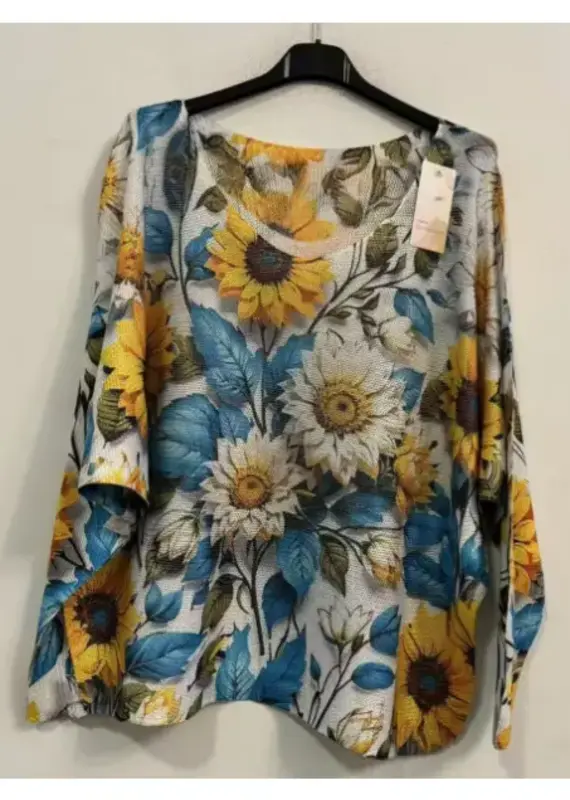 Yellow Sunflower V-Neck Knit Printed Top - One Size