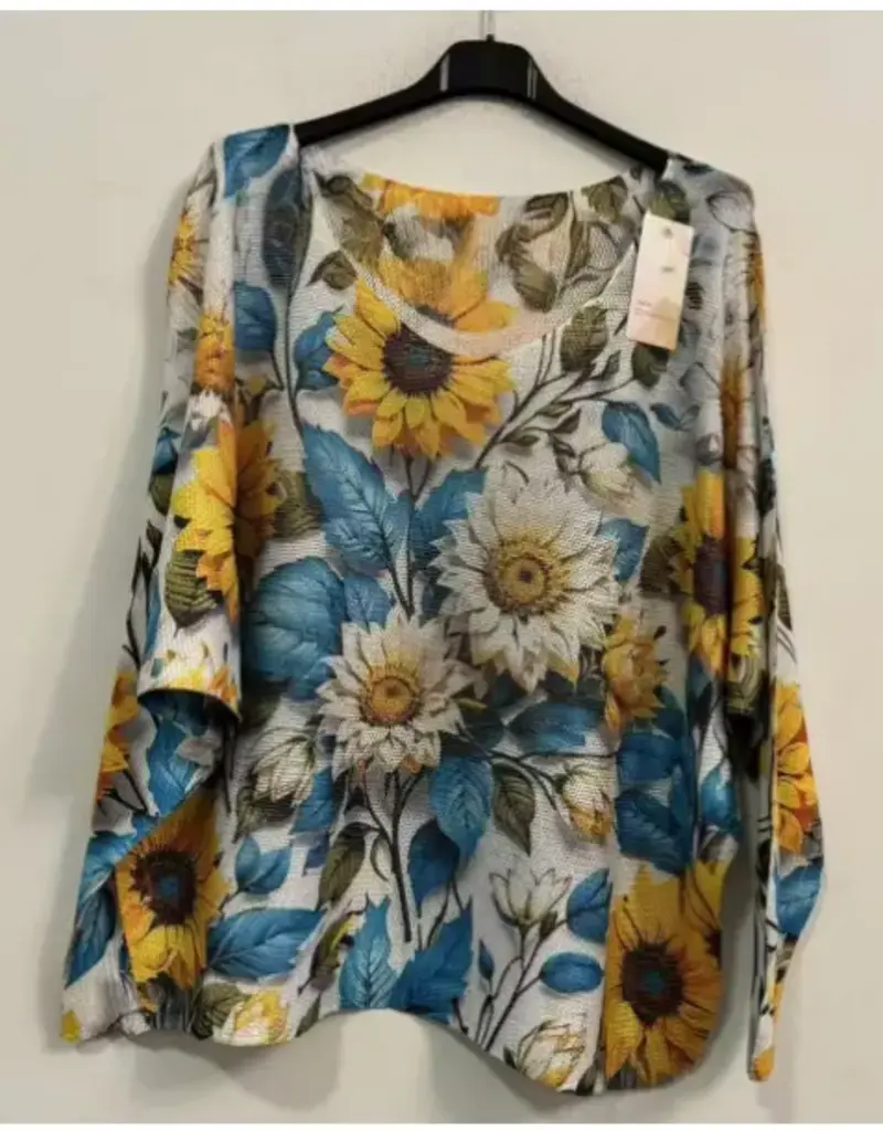 Yellow Sunflower V-Neck Knit Printed Top - One Size