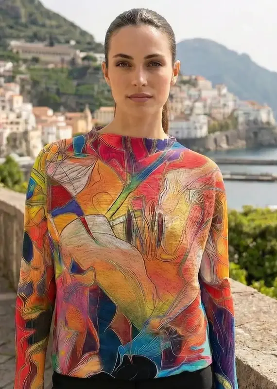 Abstract Round Knit Print Top - One Size
