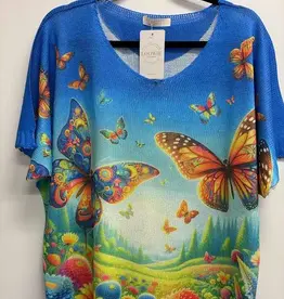 Italian Knit  Butterfly Garden Blue Printed Top