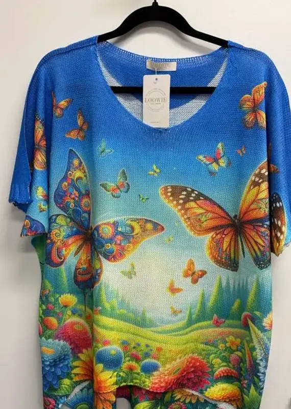 Italian Knit  Butterfly Garden Blue Printed Top