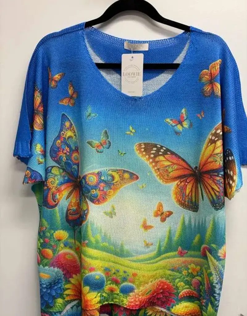 Italian Knit  Butterfly Garden Blue Printed Top