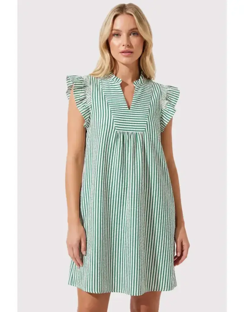 Faye Frilled Neck Smocked Sleeve Striped Dress