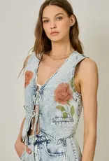 Floral Print Denim Vest With Tie Front Detail