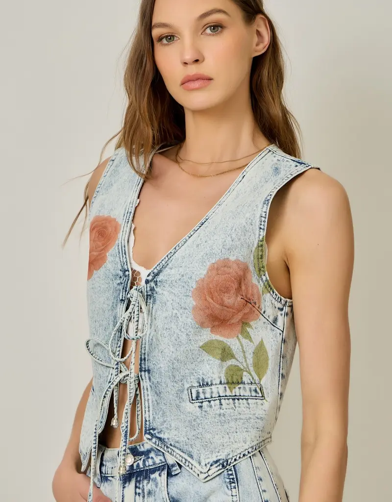 Floral Print Denim Vest With Tie Front Detail