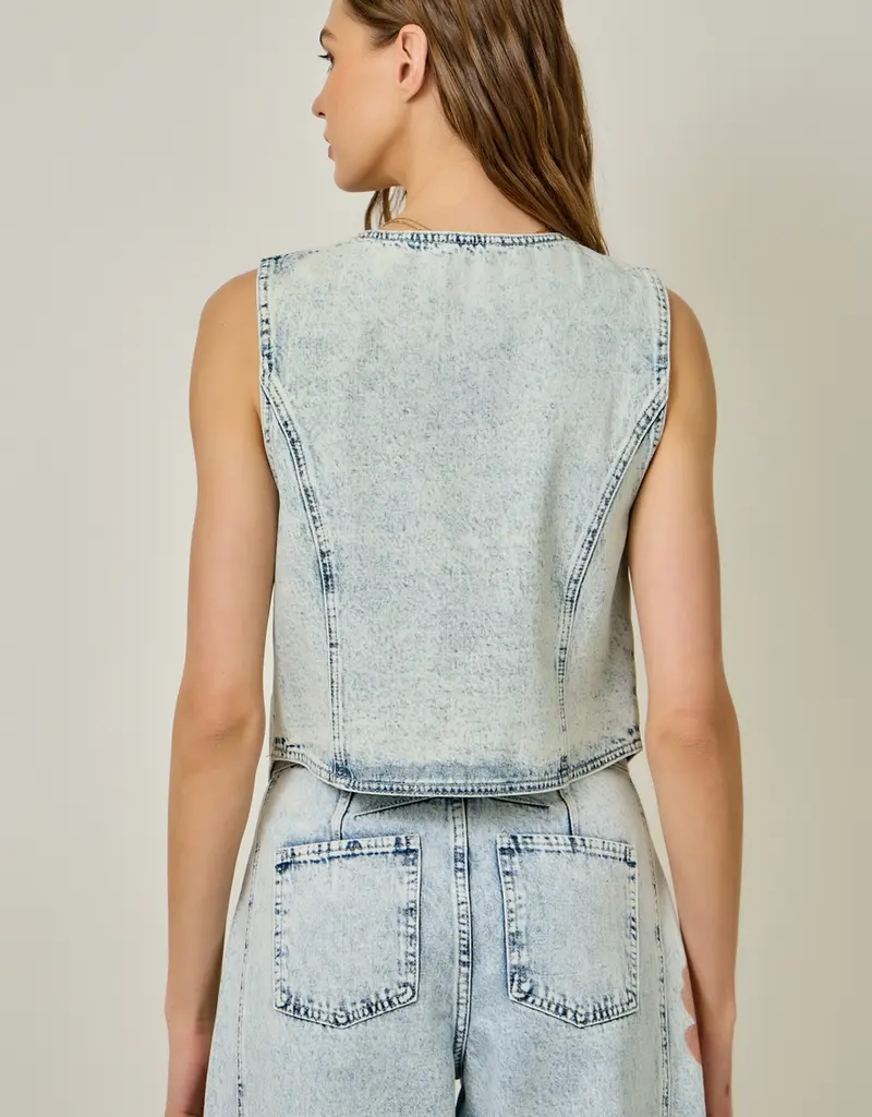 Floral Print Denim Vest With Tie Front Detail