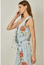 Floral Print Denim Vest With Tie Front Detail