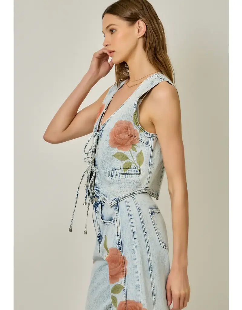 Floral Print Denim Vest With Tie Front Detail