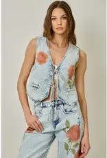 Floral Print Denim Vest With Tie Front Detail