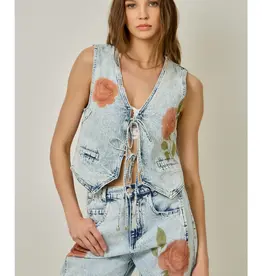 Floral Print Denim Vest With Tie Front Detail