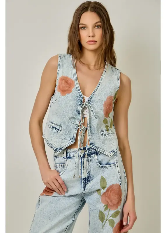 Floral Print Denim Vest With Tie Front Detail