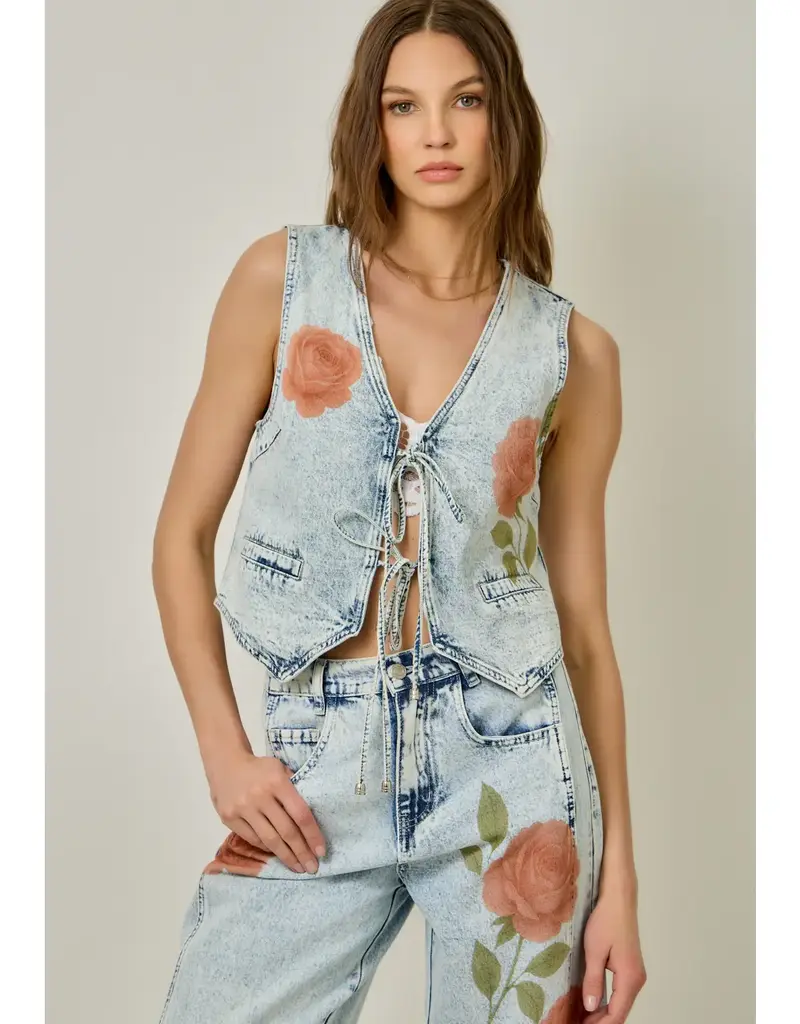 Floral Print Denim Vest With Tie Front Detail