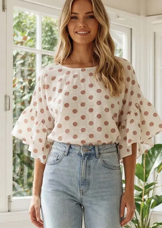 Windy Polka Dot Wild Ruffle Sleeve Flowy Top