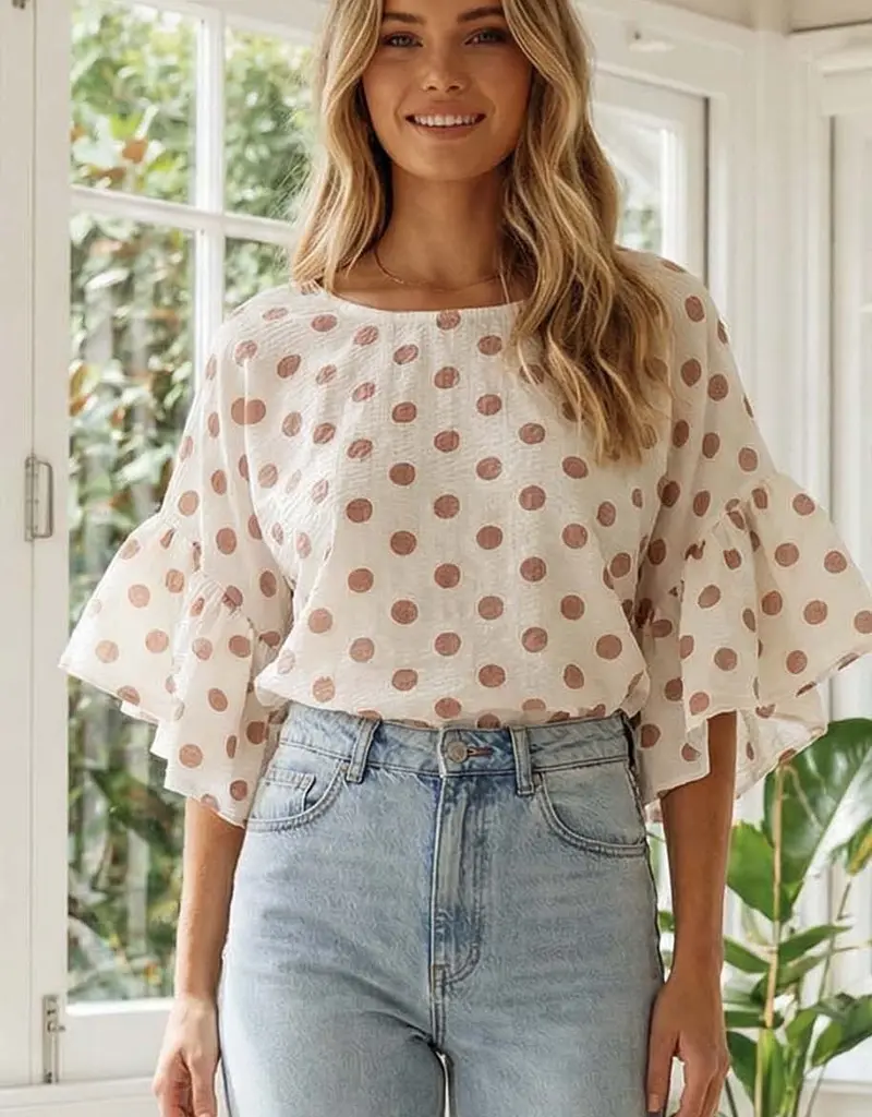 Windy Polka Dot Wild Ruffle Sleeve Flowy Top