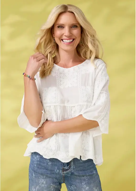 Elyse 3/4 Sleeve Embroidered Babydoll Top