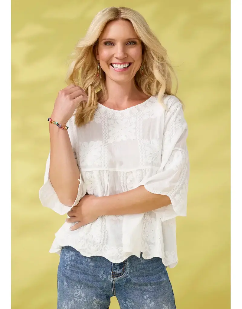 Elyse 3/4 Sleeve Embroidered Babydoll Top