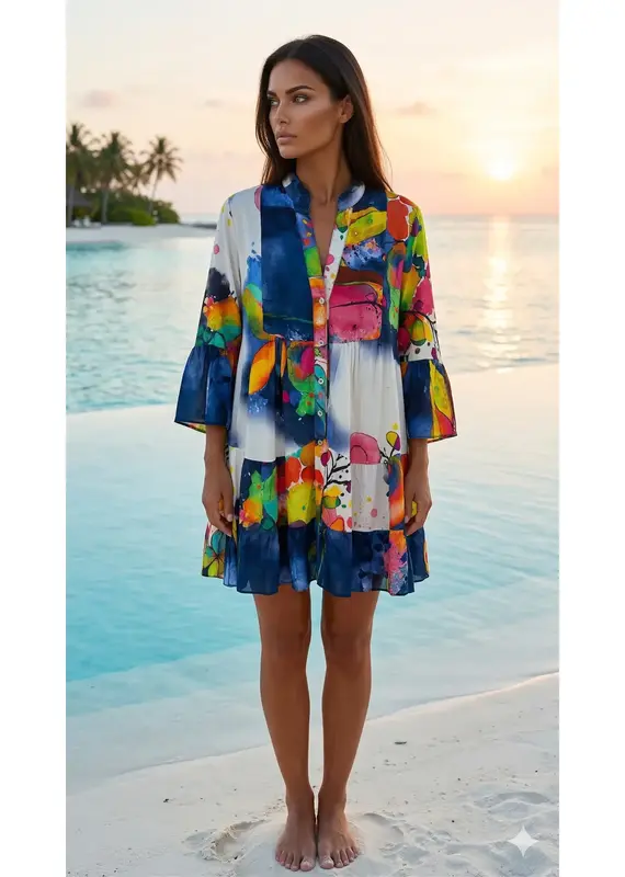 Navy Multi  Abstract Print Tiered Dress - One Size - Made In Italy