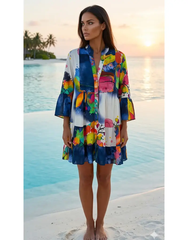 Navy Multi  Abstract Print Tiered Dress