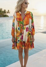 Orange & Cream Abstract Tiered Dress - One Size - Made In Italy
