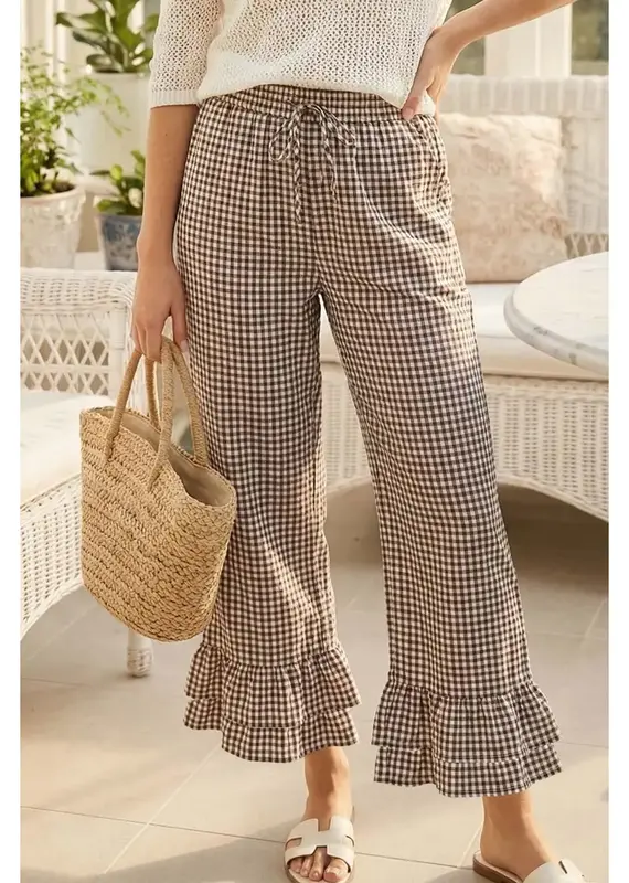 Ginger Gingham Casual Ruffled Hem  Crop Pant