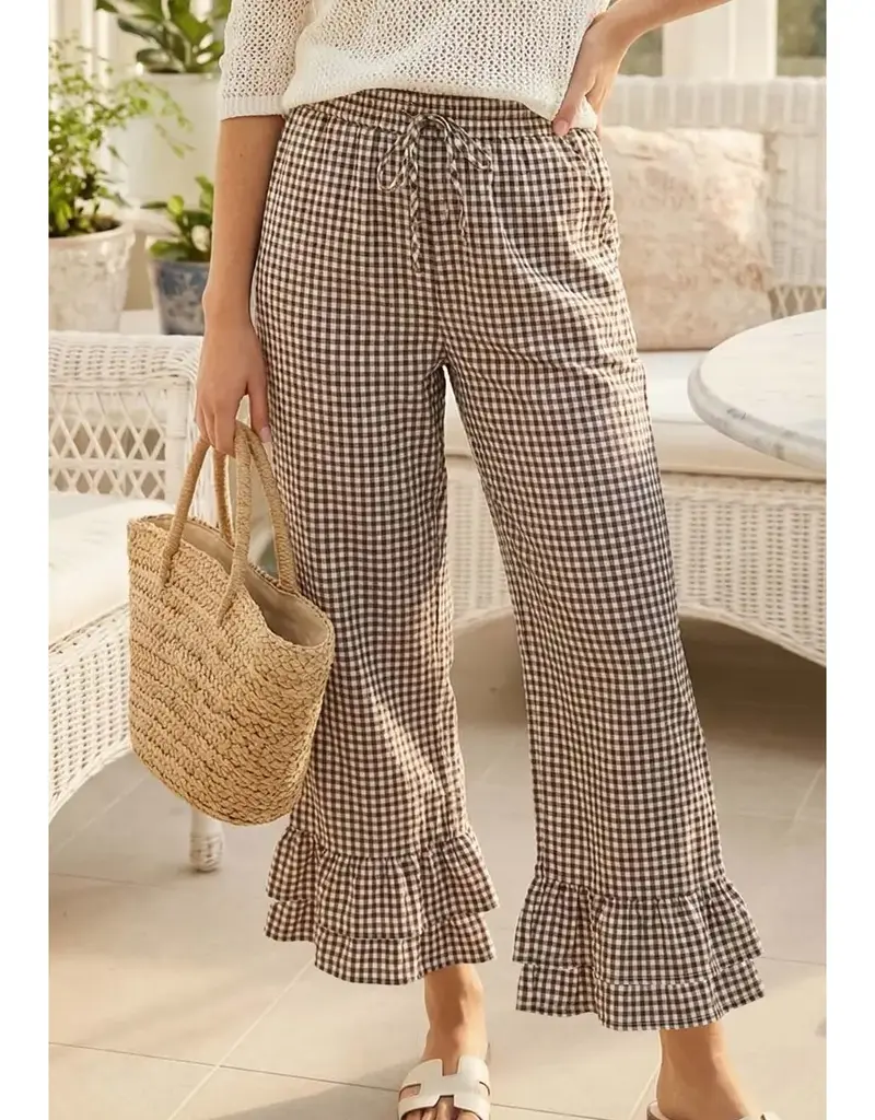 Ginger Gingham Casual Ruffled Hem  Crop Pant