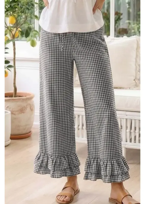 Ginger Gingham Casual Ruffled Hem  Crop Pant