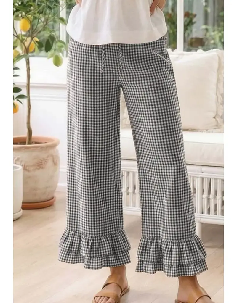 Ginger Gingham Casual Ruffled Hem  Crop Pant