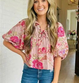 Tanya Tie Neck Puff 3/4 Sleeve Top