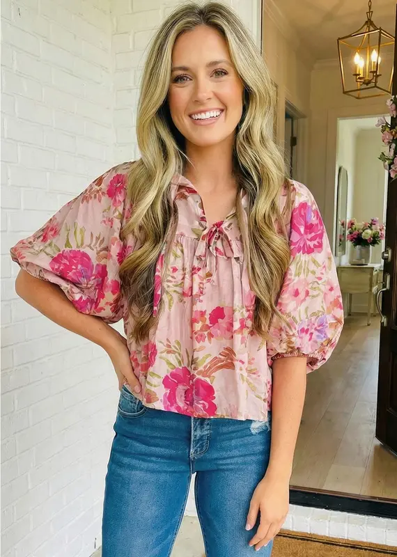 Tanya Tie Neck Puff 3/4 Sleeve Top