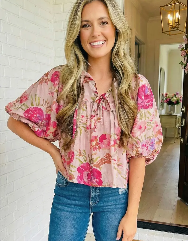 Tanya Tie Neck Puff 3/4 Sleeve Top