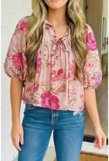 Tanya Tie Neck Puff 3/4 Sleeve Top