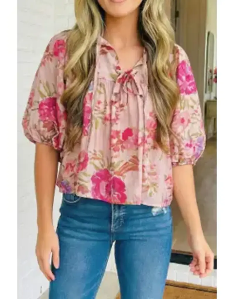 Tanya Tie Neck Puff 3/4 Sleeve Top