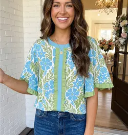 Gretchen Floral Ruffled Color Block Half Sleeve Top