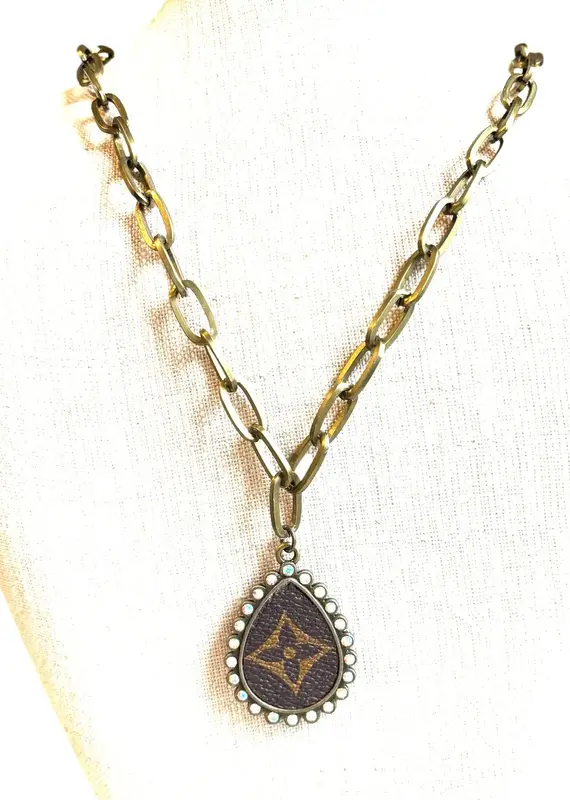 Teardrop Rhinestone Necklace With Refurbished LV Pendant