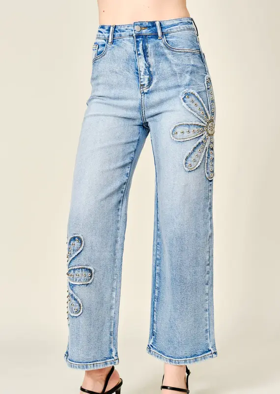 Daisy Studded Patch Wide Leg Jean
